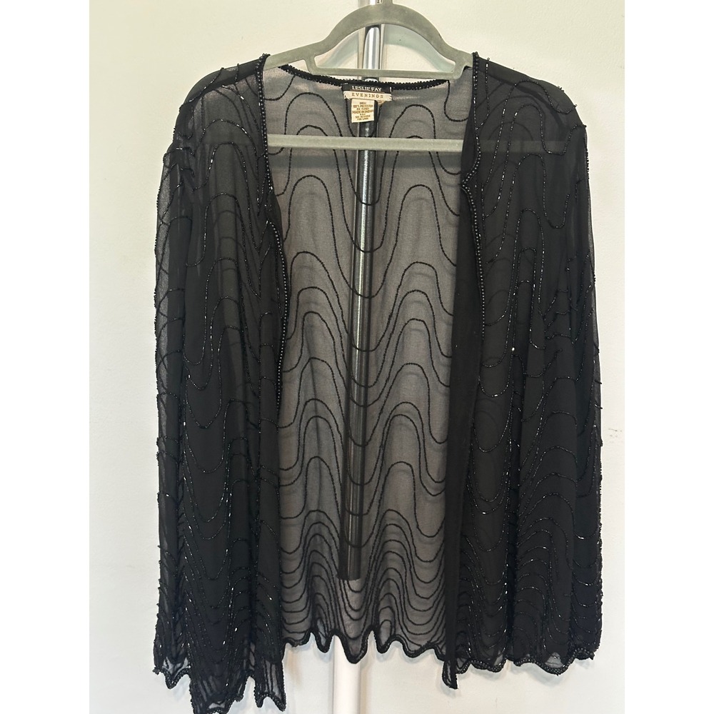 Leslie Fay Evenings Black Beaded Sheer Open Front Cardigan Wrap Jacket XL